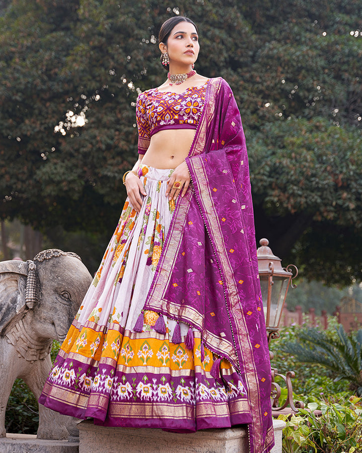 Wine Color Tussar Silk Floral And Patola Print Lehenga Choli