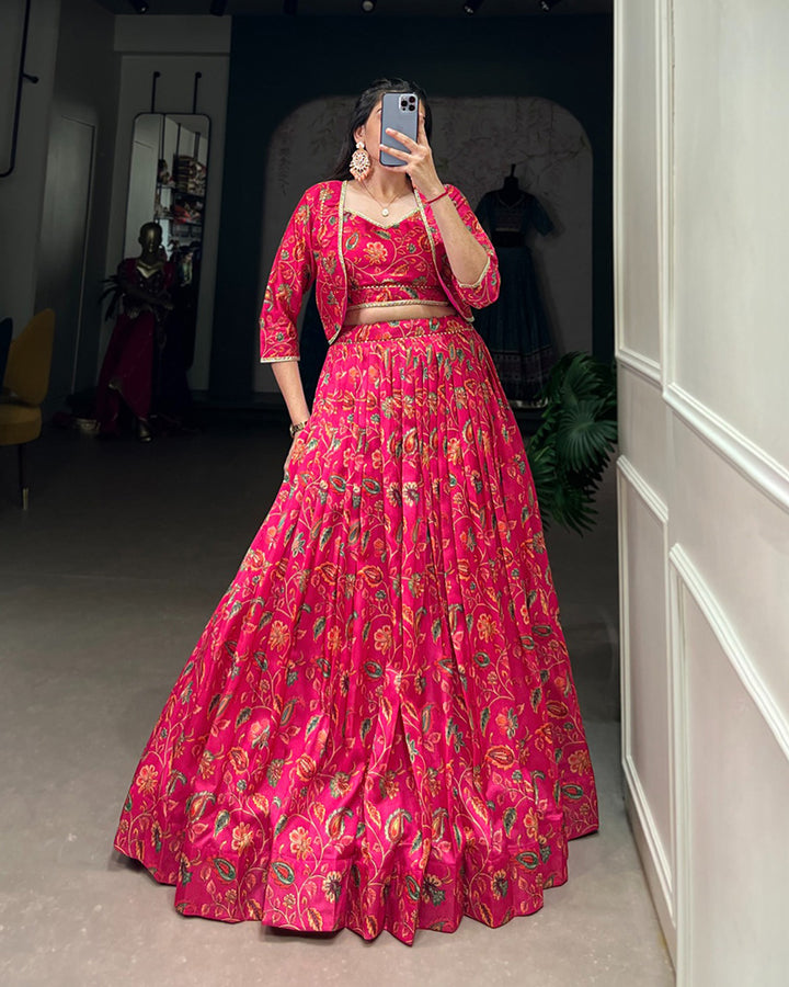 Pink Color Tussar Silk Floral Printed Lehenga Choli
