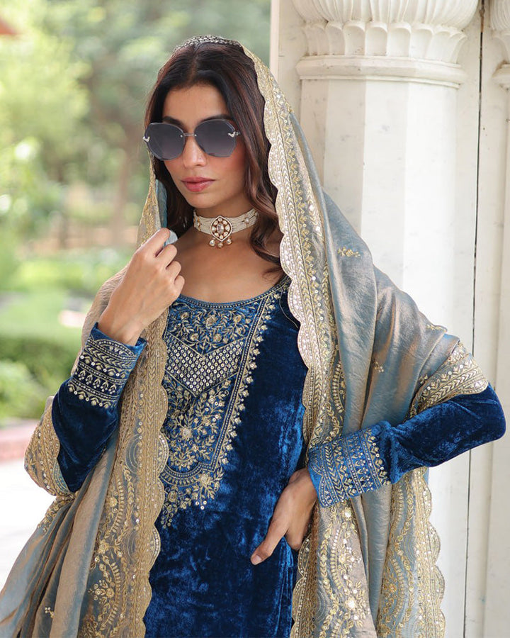 Morpich Color Velvet Three Piece Kurti Suit