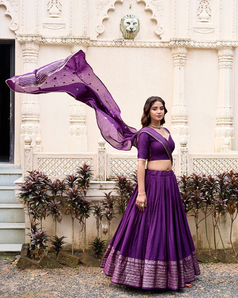 Dark Purple Color Pure Chanderi Plain Navratri Half Saree