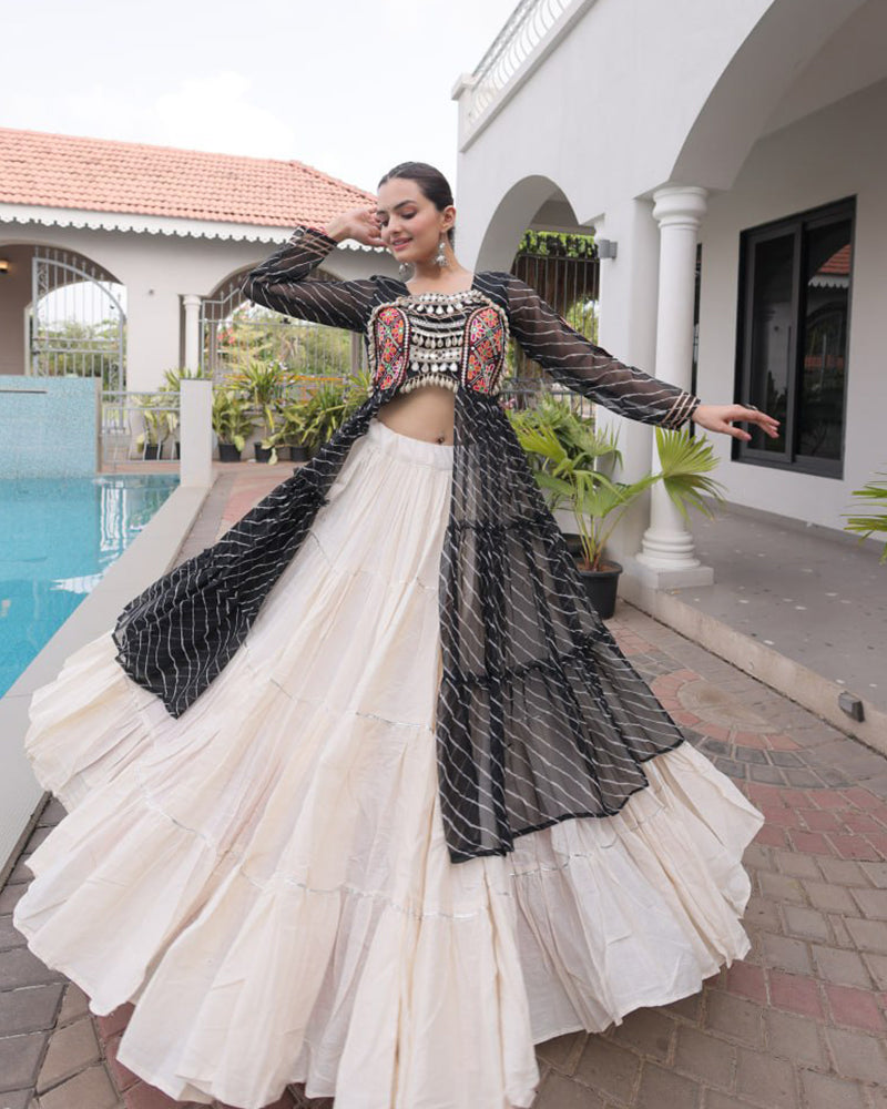 Three Color Bandhani Printed Kora Cotton Navratri Lehenga Choli