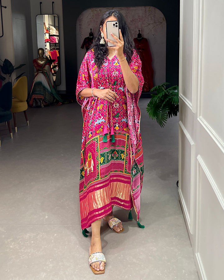 Pink Color Digital Print Gaji Silk Kaftan