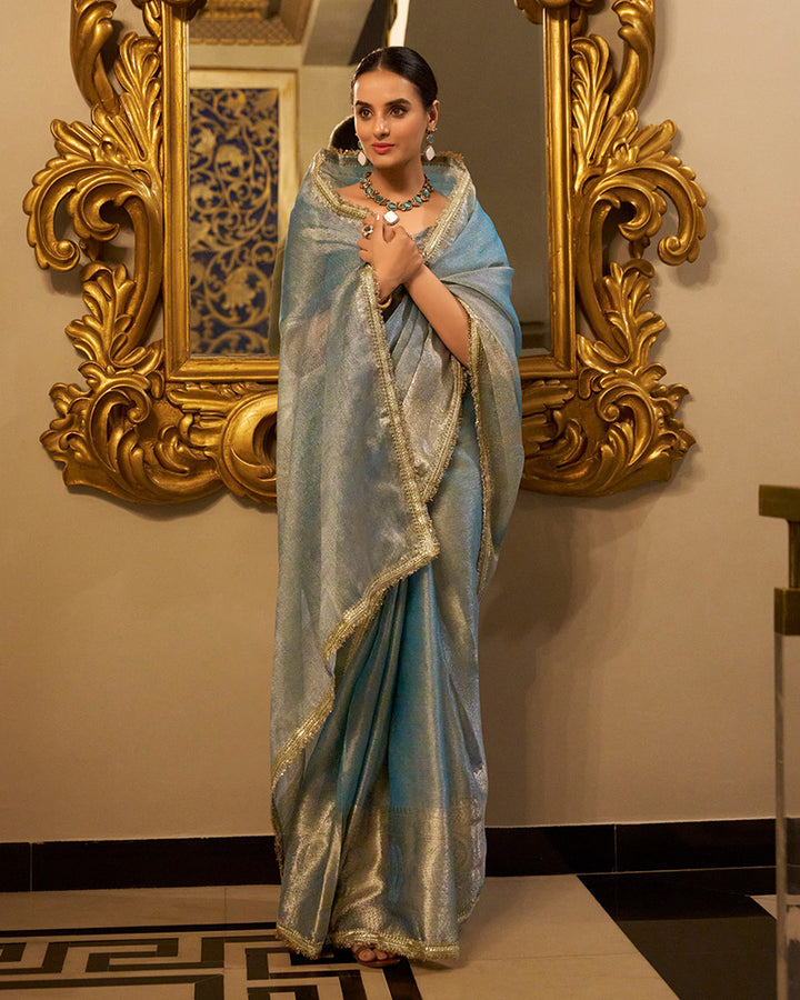 Designer Sky Blue Color Weightless Tissue Shimmer Saree