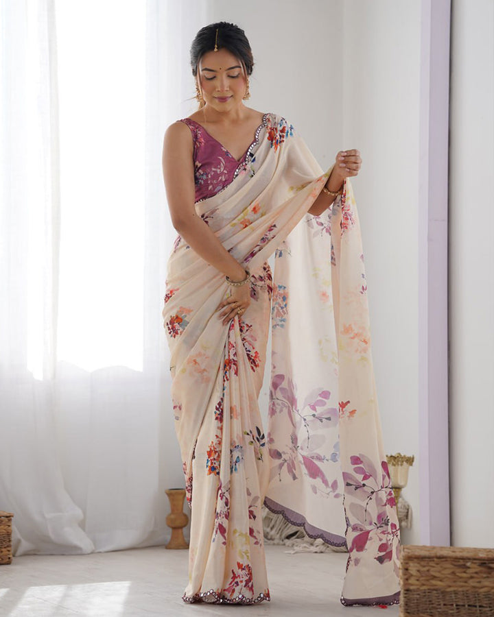 Cream Color Chinnon Silk Printed Saree
