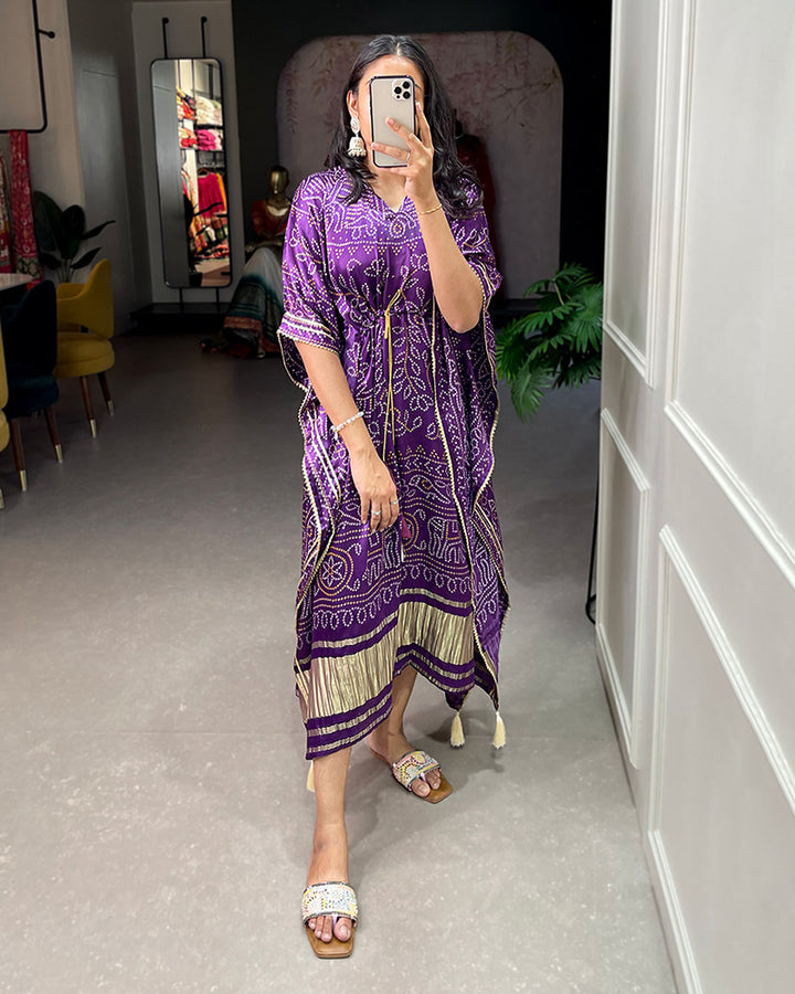 Designer Purple Color Gaji Silk Bandhej Print Kaftan