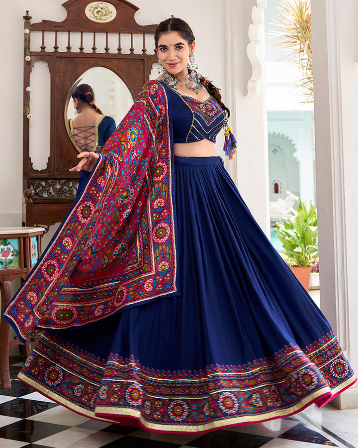 Navy Blue Color Tasar Silk Gamthi Printed Navratri Lehenga Choli