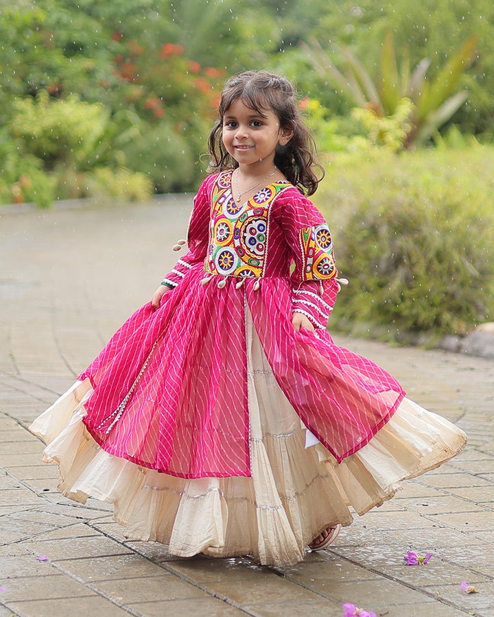 Pink Color Kurti With Off-White Kora Cotton Lehenga