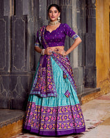 Sky Blue And Purple Ikkat Printed Tasar Silk Lehenga Choli