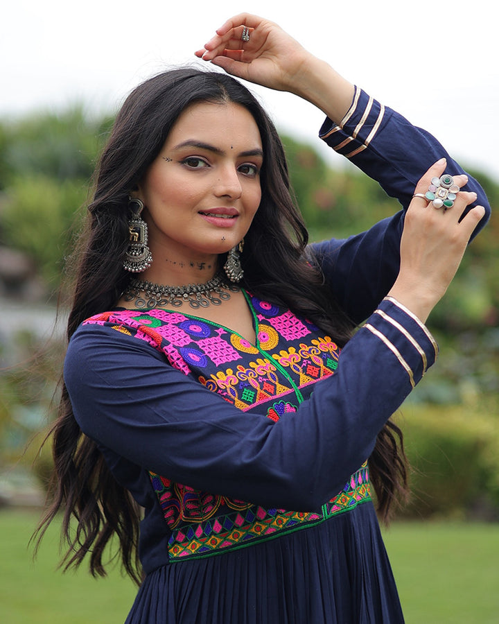 Designer Navy Blue Flared Navratri Gown With Mirror Work Yoke