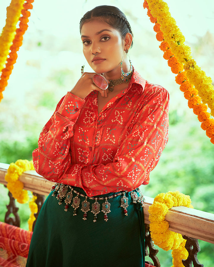 Tomato Red And Green Color Cotton Printed Crop Top Navratri Lehenga Choli