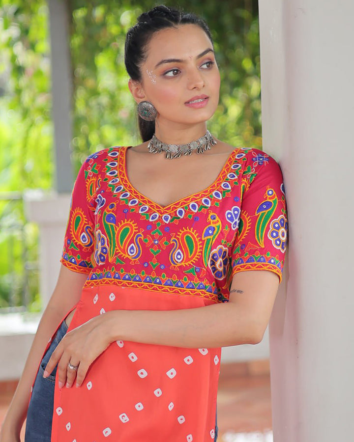 Navratri Special Orange Pink Color Rayon Kutchi Work Kurti