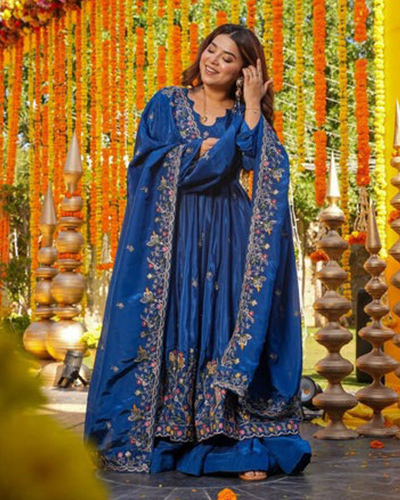 Blue Color Crunchy Silk Embroidered Sharara Suit