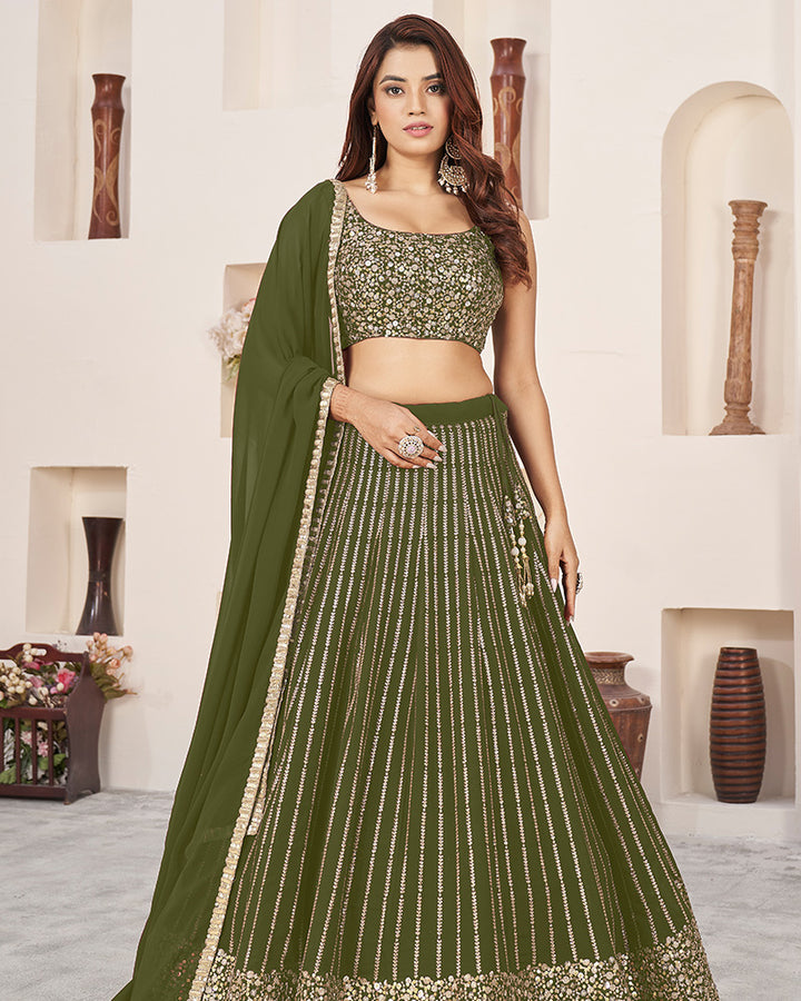 Olive Geen Color Georgette Embroidery Lehenga Choli