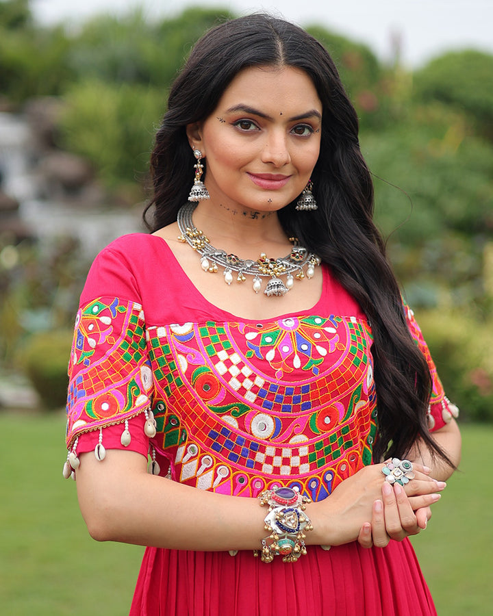 Navratri Wear Rani Pink Color Rayon Gamthi Work Gown