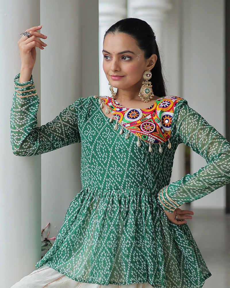 Peplum Style Green Bandhej Choli With Cotton Lehenga