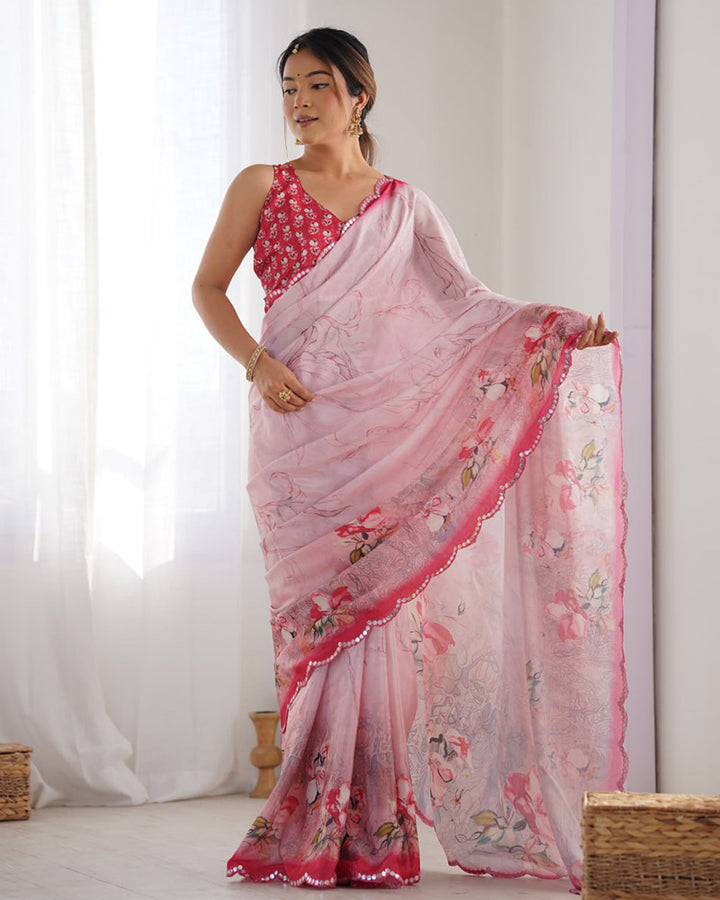 Pink Color Chinnon Silk Printed Saree