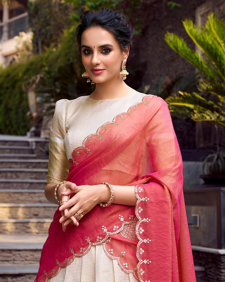 Designer Off-White Color Jacquard Chex Lehenga Choli