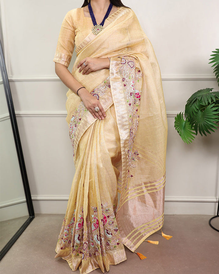 Yellow Color Embroidered Kota Tissue Saree