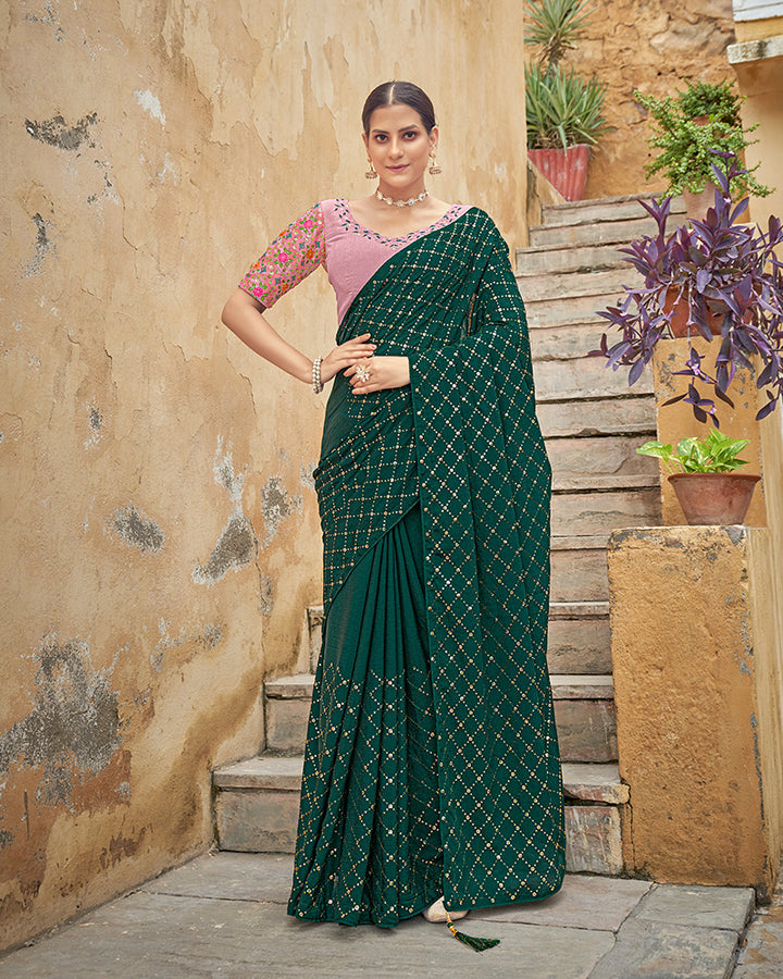 Green Color Chinnon Sequence Saree