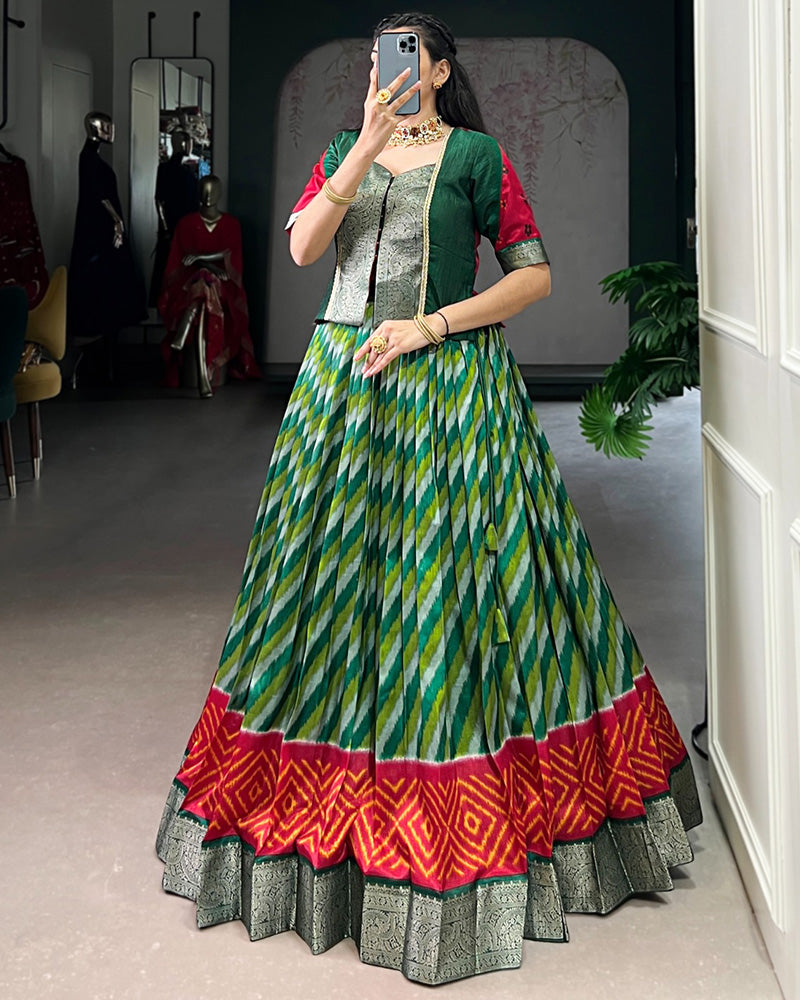 Green Color Tasar Silk Printed Zari Weaving Lehenga Choli