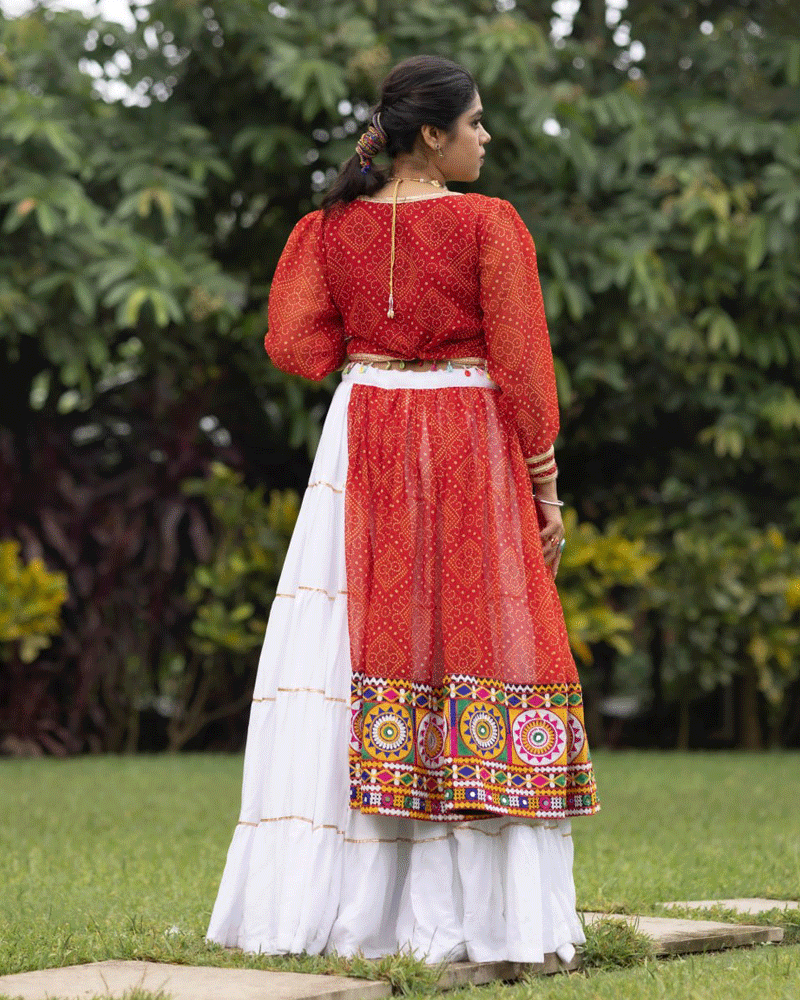 Red And White Color Rayon Cotton Navratri Lehenga Choli