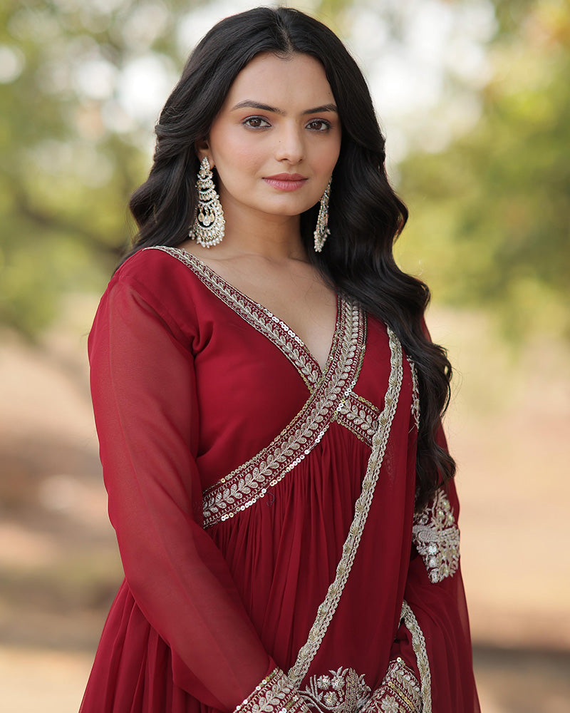 Maroon Color Faux Blooming Embroidered Alia Cut Gown With Dupatta