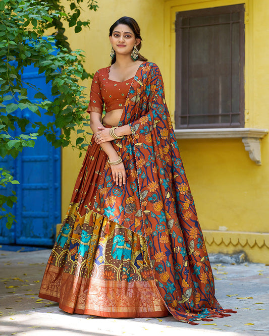 Rust Orange Color Tussar Silk Kalamkari Printed Lehenga Choli