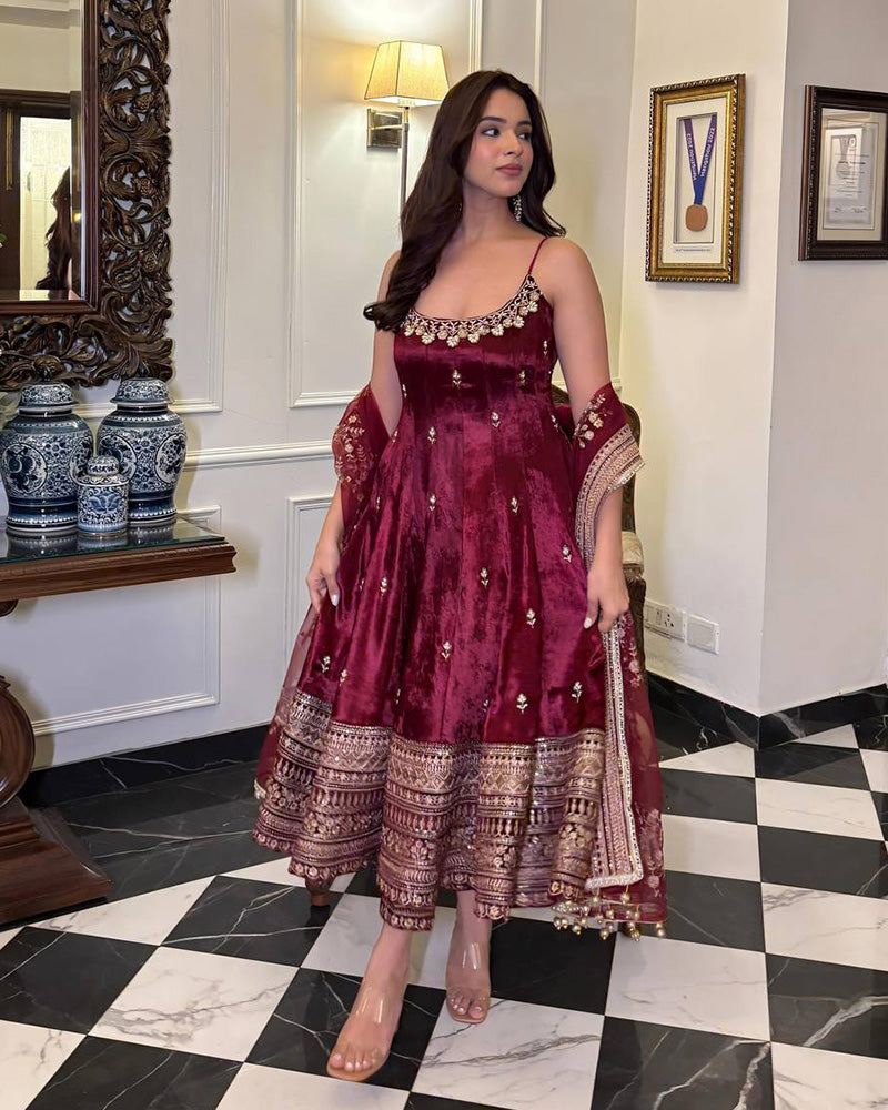 Maroon Color Vichitra Silk Embroidered Anarkali Suit