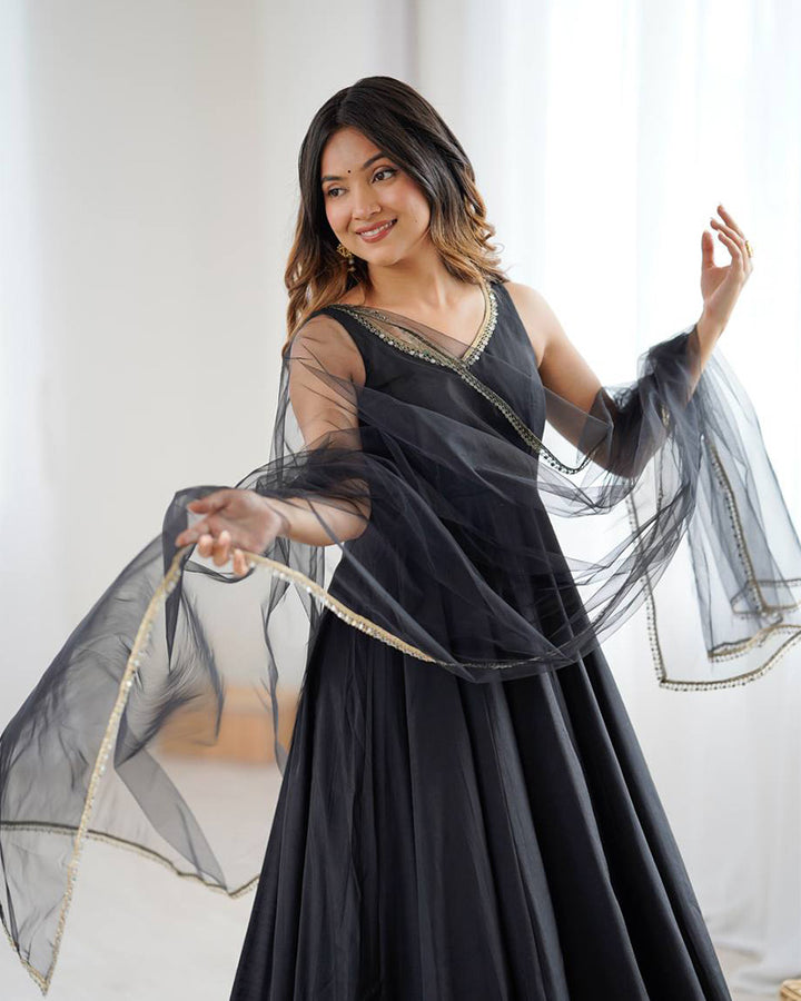 Designer Black Color Roman Chanderi Silk Anarkali Suit