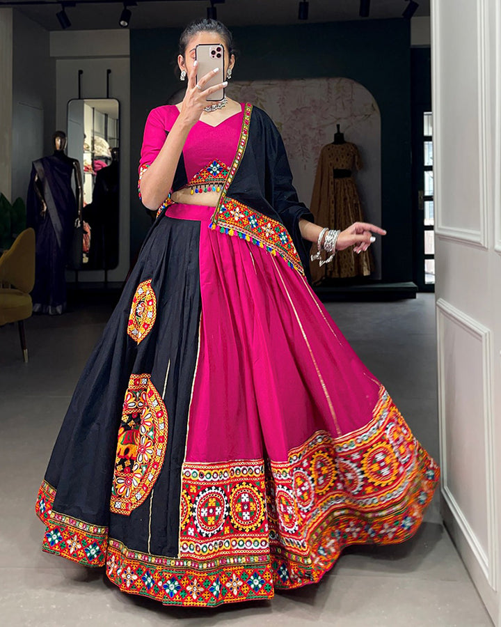 Pink And Black Color Cotton Navratri Lehenga Choli
