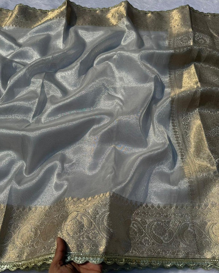 Grey Color Silver Zari Weaving Tissue Saree