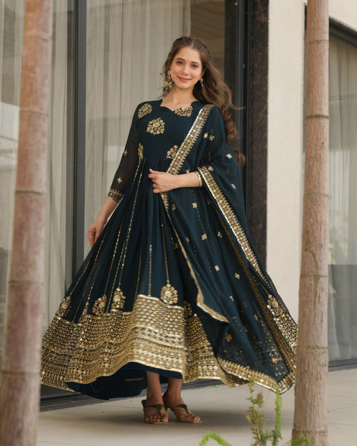 Deep Teal Green Color Faux Blooming Gown With Embroidered Dupatta