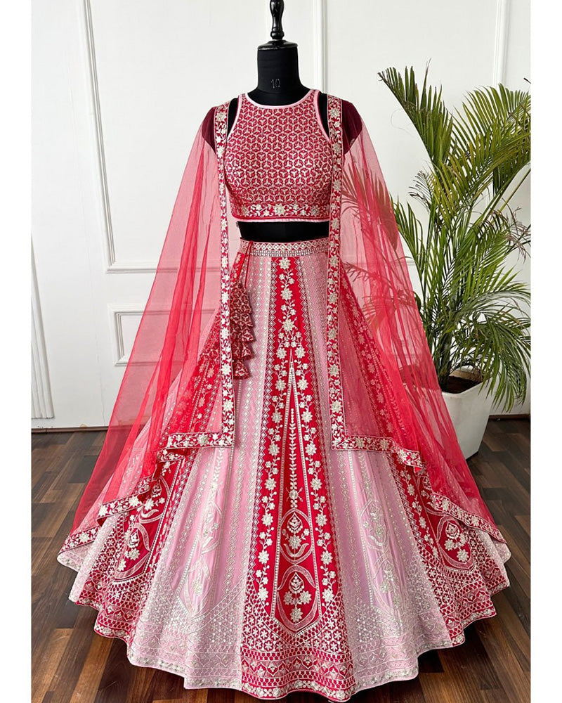 Wedding Wear Baby Pink And Red Color Georgette Lehenga Choli