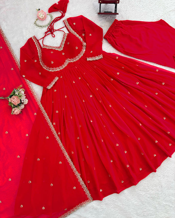 Red Color Georgette Sequence Embroidered Anarkali Suit