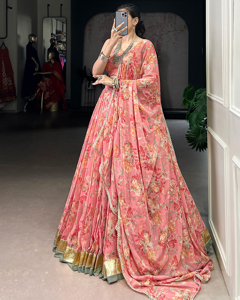 Peach Color Chiffon Floral And Foil Printed Lehenga Choli