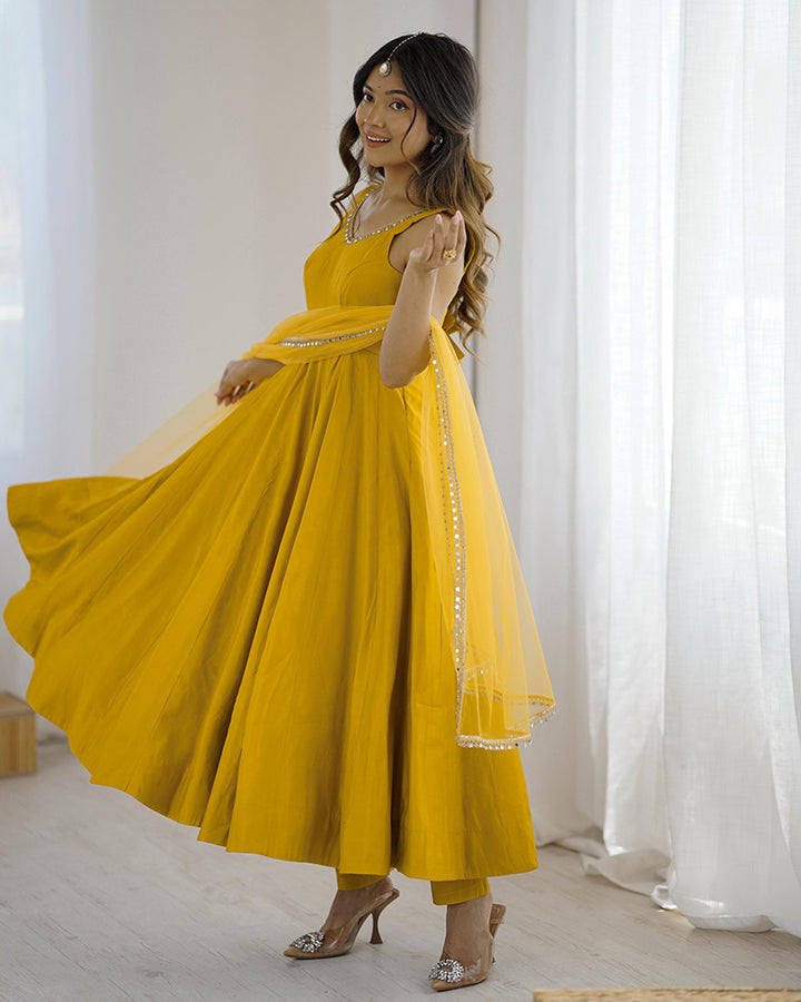 Designer Yellow Color Roman Chanderi Silk Anarkali Suit