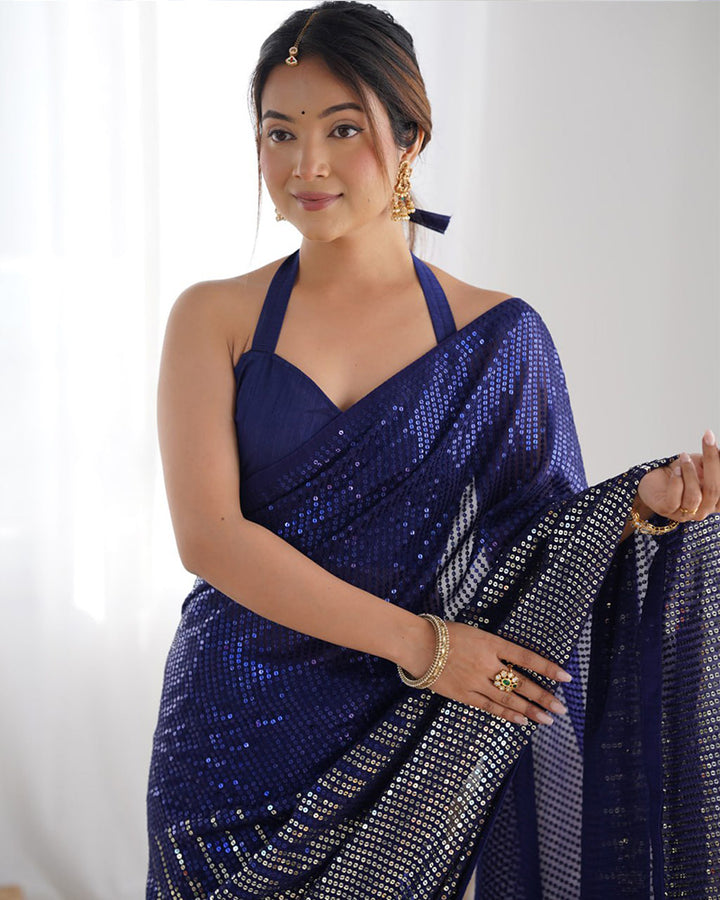 Navy Blue Color Heavy Georgette Sequence Embroidered Saree