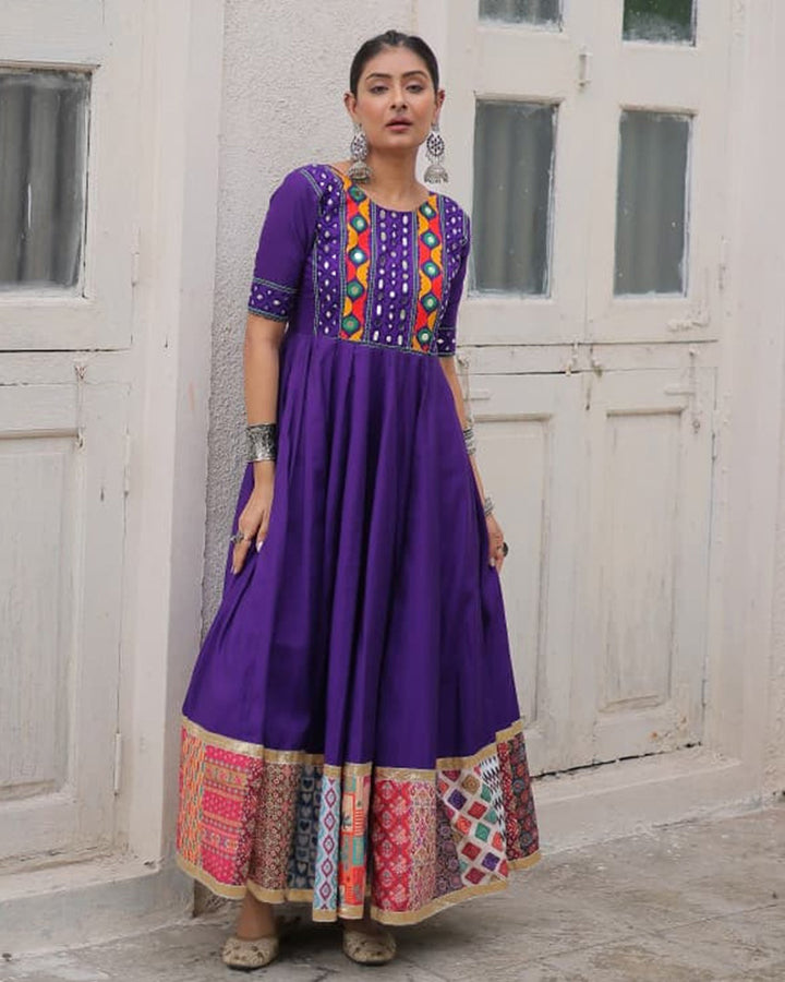 Vibrant Purple Color Ethnic Gamthi Work Navratri Gown