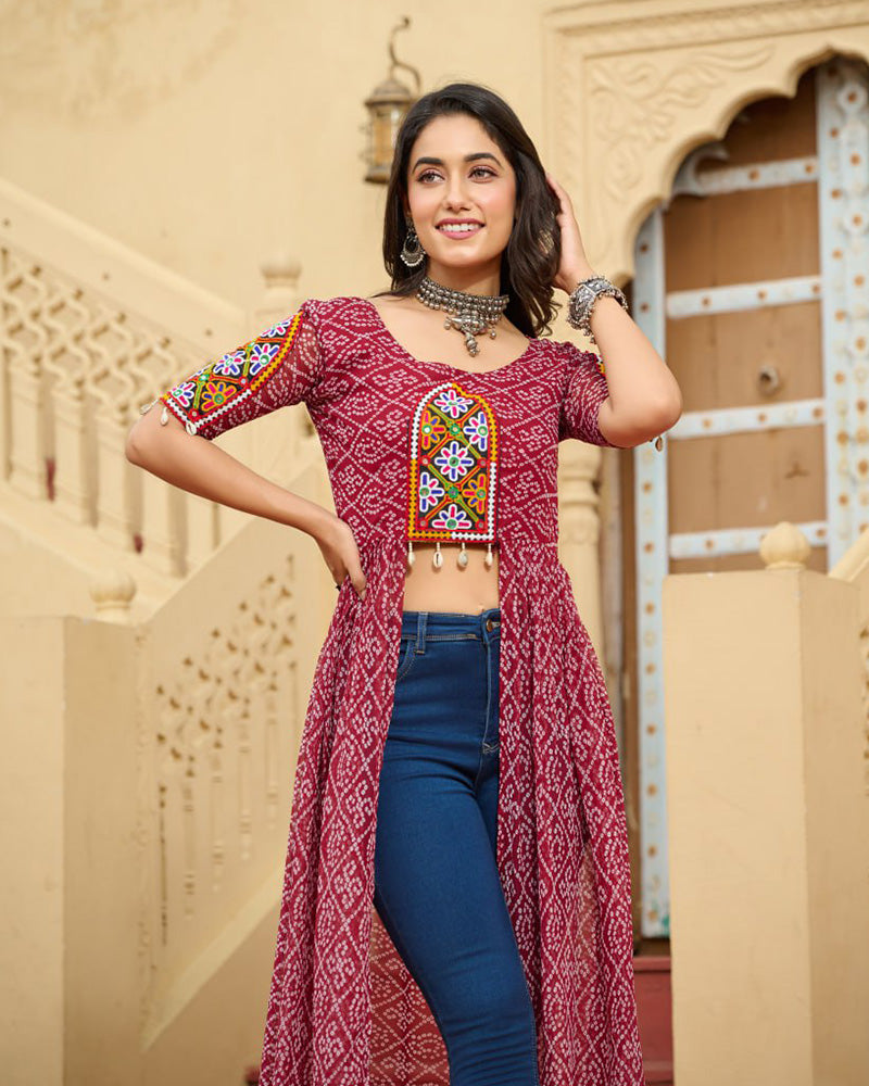 Maroon Festival Wear Faux Georgette Kutchi Work Kurti