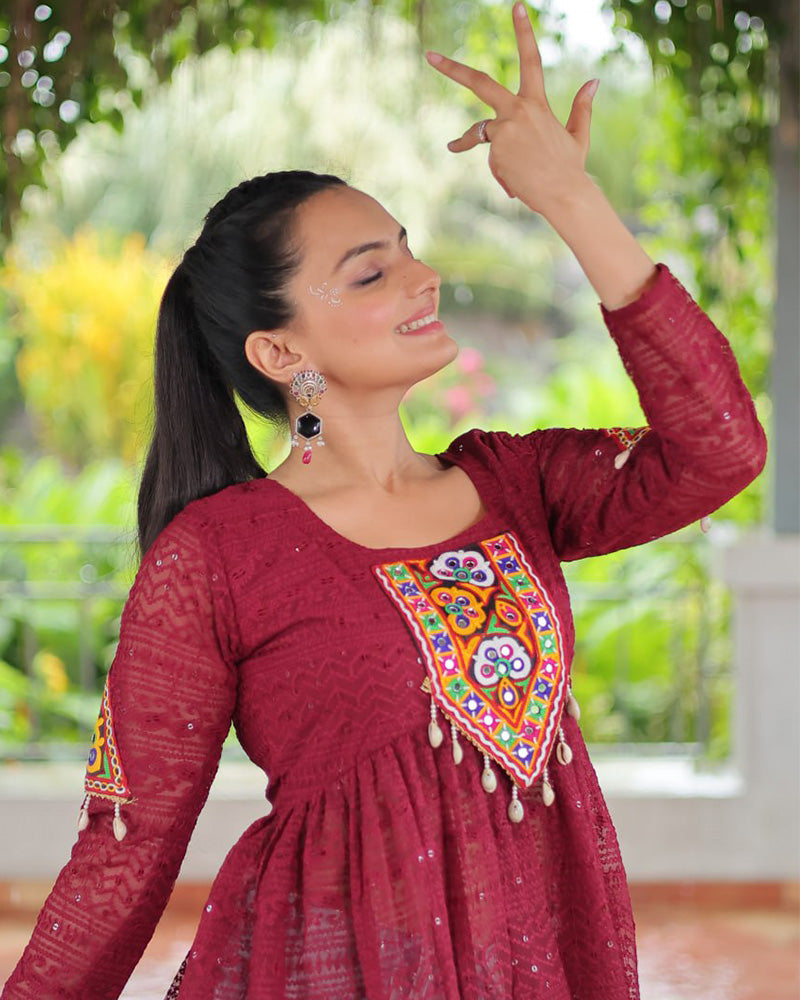 Maroon Color Georgette Lucknowi Work Navratri Kediya