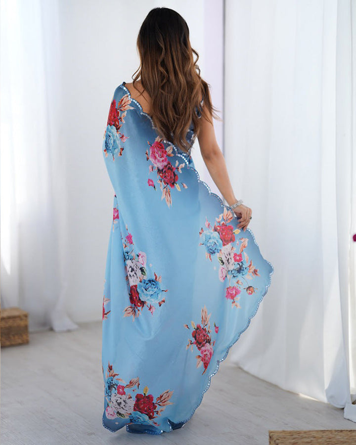 Sky Blue Color Chinnon Silk Digital Printed Saree