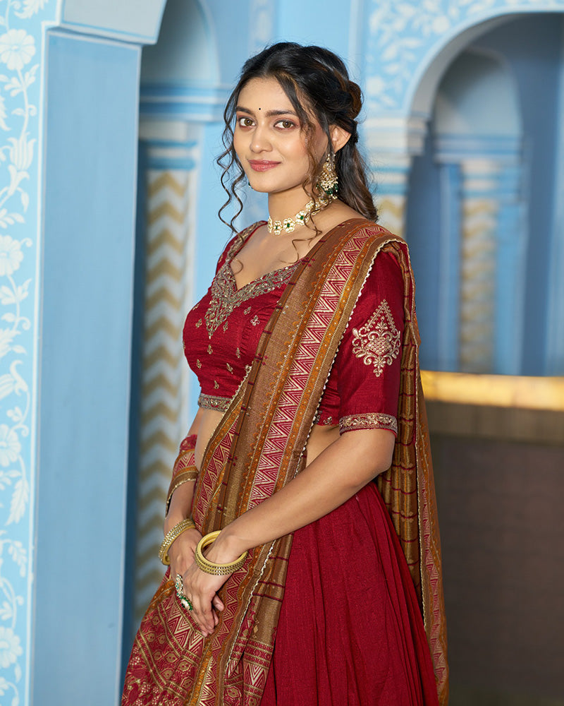 Elegant Maroon Embroidered Vichitra Silk Lehenga Choli