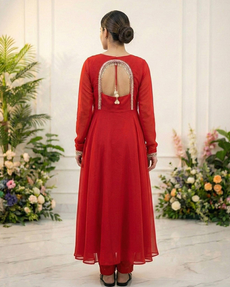 Red Color Pure Blooming Georgette Anarkali Suit