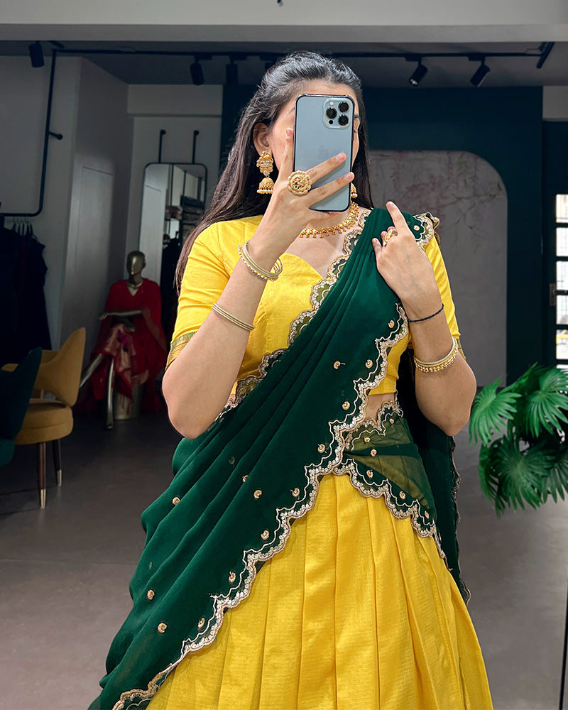 Yellow Color Cotton Silk Designer Half Saree