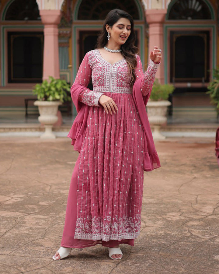 Dusty Mauve Color faux Georgette Embroidered Sharara Suit
