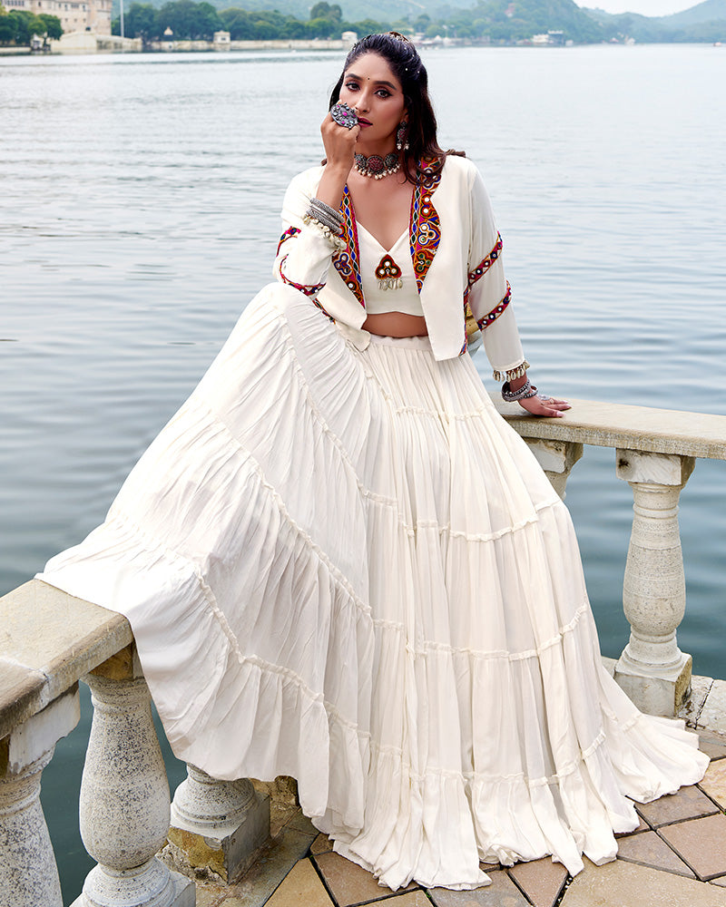 White Color Pure Rayon Ruffle Style Navratri Lehenga Choli