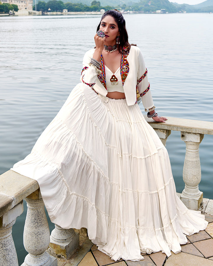 White Color Pure Rayon Ruffle Style Navratri Lehenga Choli
