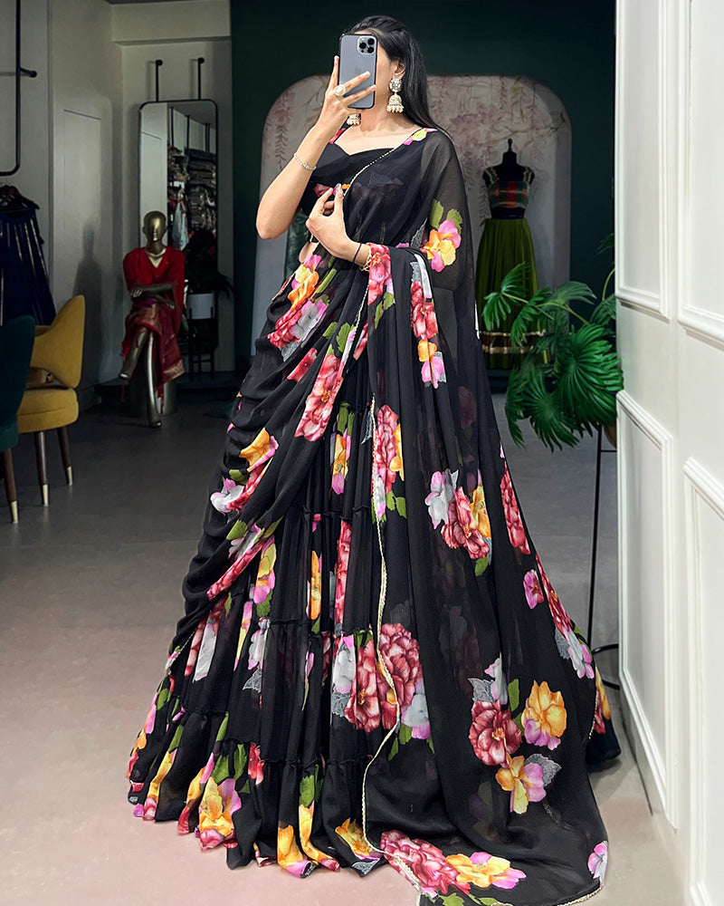 Black Color Lightweight Chiffon Printed Lehenga Choli