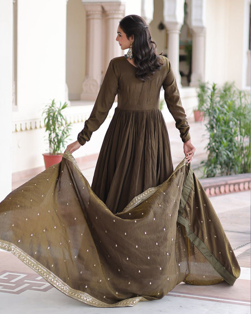 Mehndi Olive Color Vichitra Silk Sequence Embroidered Gown