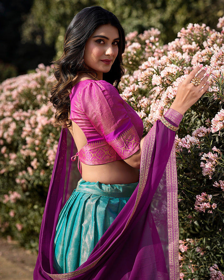 Sky Blue Color Kanchipuram Silk Designer Half Saree
